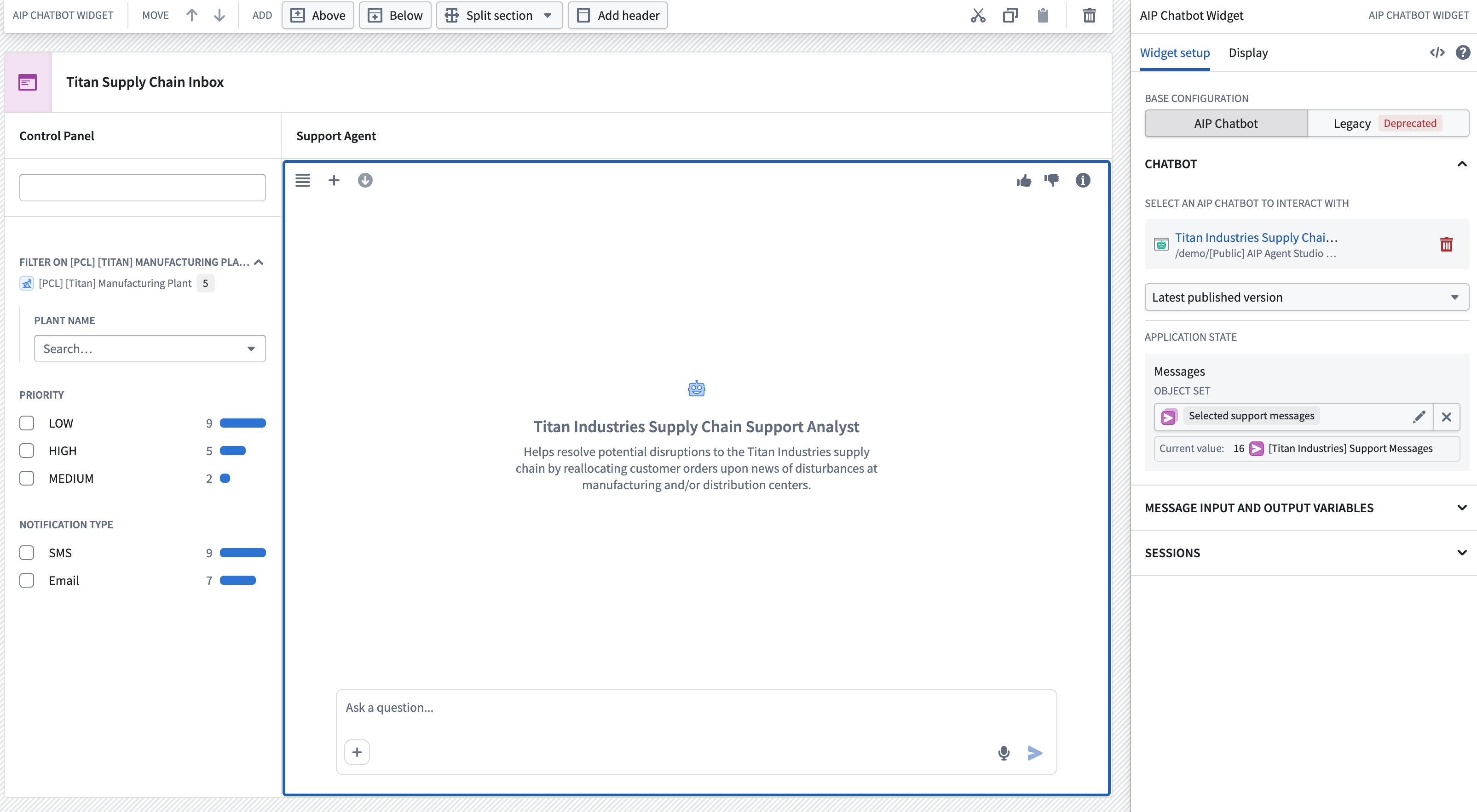 애플리케이션 변수를 연결한 AIP Chatbot 위젯