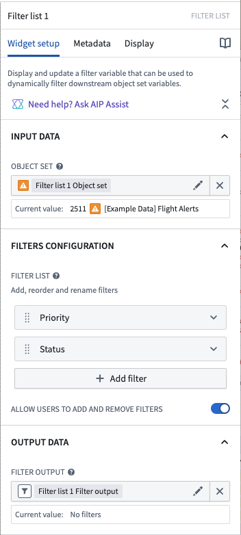 입력 집합과 필터 출력 변수를 연결한 Filter List