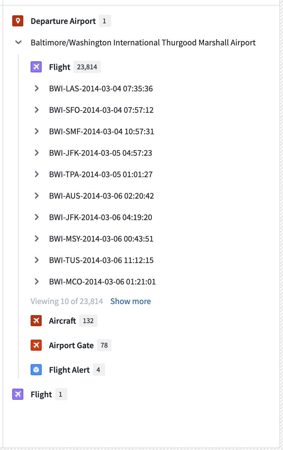 Flight Alert에서 출발 공항과 그 연결을 펼쳐 본 화면