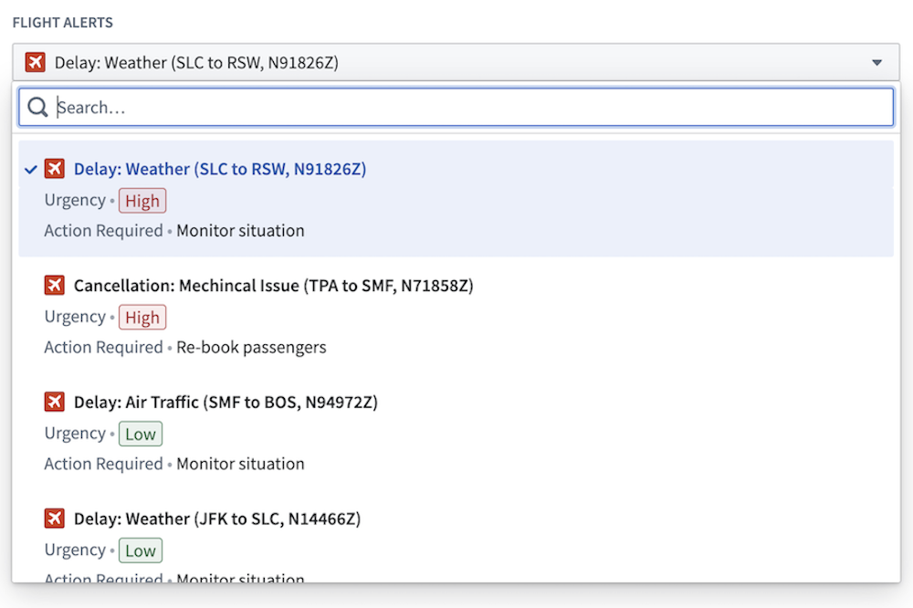 Flight Alert를 선택하는 Object Dropdown