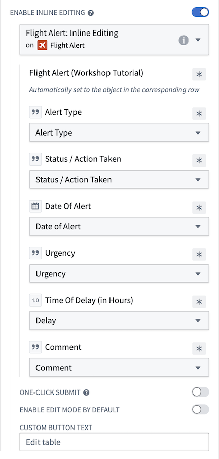 Flight Alert: Inline Editing 액션과 열별 매개변수 매핑