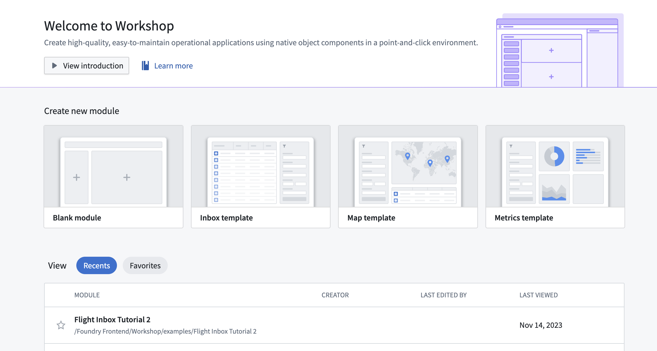 Workshop 홈의 Inbox, Map 및 Metrics 템플릿