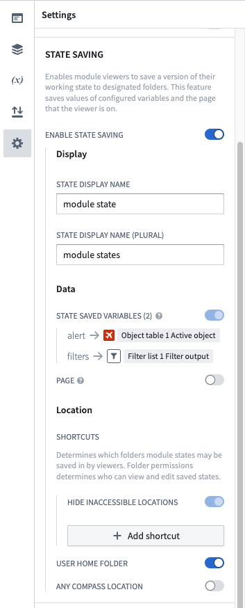 모듈의 Enable State Saving과 저장 대상 및 위치 설정
