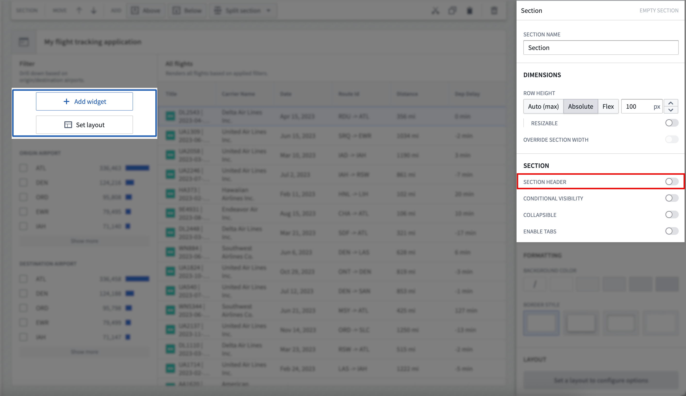 섹션 제목을 표시하는 Section header 설정