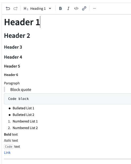 서식 도구 모음과 편집 내용을 제공하는 Markdown 입력