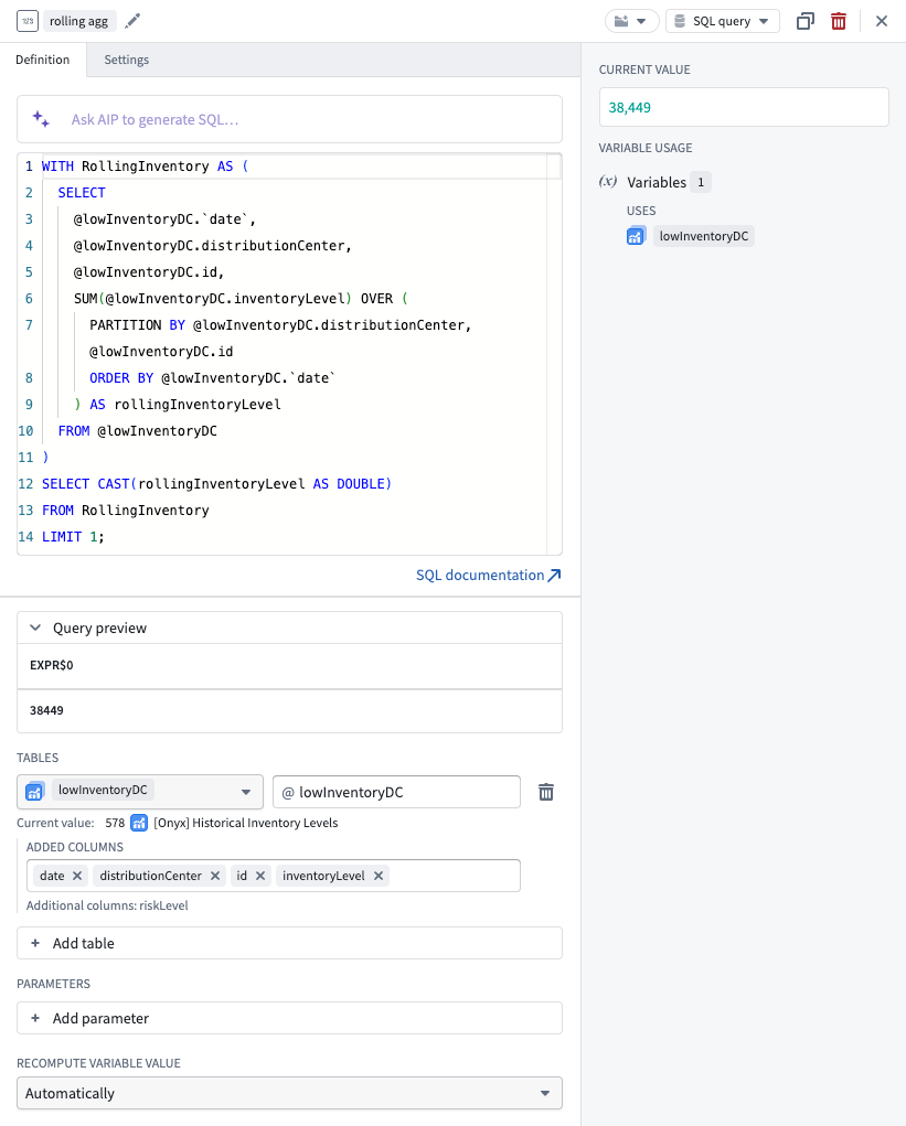 객체 집합 테이블과 매개변수를 연결한 SQL query 변수 편집기
